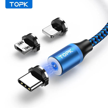 Magnetic Charging Cable 3 IN 1 TOPK 360 Rotation Phone Charger Cable with LED Light for Micro USB Type C Cable