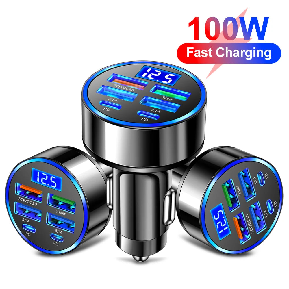 100W 6 Ports Car Charger Fast Charging PD QC3.0 USB C Car Phone Charger Type C Adapter in Car For iPhone Samsung