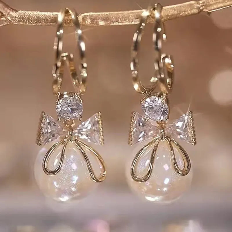 Zircon Bow Knot Round Pearl Pendant Gold Earrings for Women