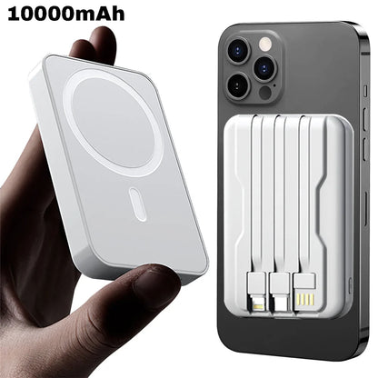 Portable Magnetic Power Bank 10000mAh 15W Wireless Fast Charger Universal Built-in Cable for Apple Android