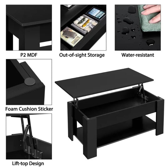 Lift Top Coffee Table with Hidden Compartment & Storage, Black™