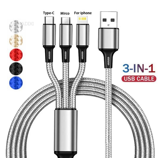 3 In 1 USB Fast Charging Cable Type C Micro IOS Multi Charger Cable for iPhone Samsung Nylon Braided Cord