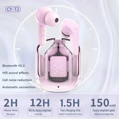 Original T2 Wireless Bluetooth Earphone Transparent HIFI Headphones LED Power Digital Display Stereo Sound Earphones