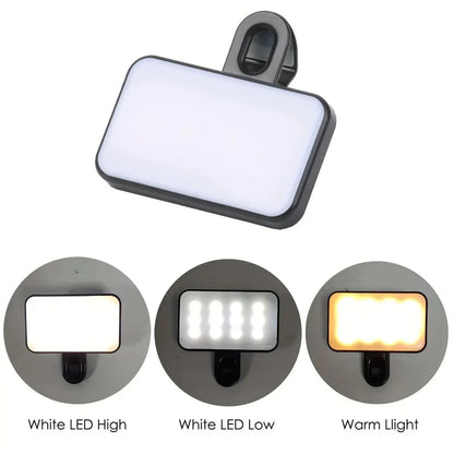 Portable Mini Selfie Fill Light Rechargeable 3 Modes Adjustable Brightness Clip On For Mobile Phone Computer