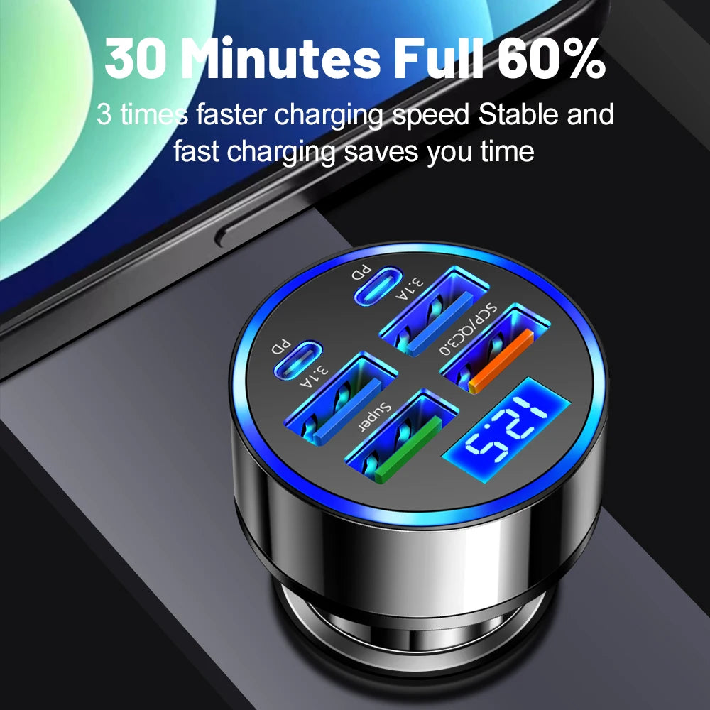 100W 6 Ports Car Charger Fast Charging PD QC3.0 USB C Car Phone Charger Type C Adapter in Car For iPhone Samsung