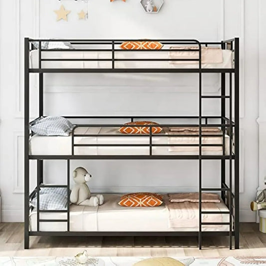 Metal Twin Size Bed Triple Bunk Bed Frame with Built-in Ladder and Guardrails for Kids, Teens, Boys, Girls