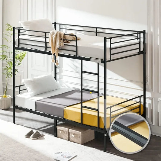 Bunk Bed Twin Over Twin for Kids, Teens & Adults Bunk Bed with Stairs, Heavy Duty Metal Slats, Black Beds