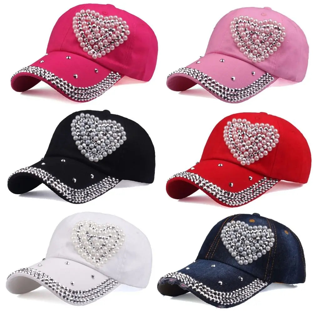 NEW Fashion Adjustable Heart Shaped Rhinestones Studded Peaked Cap Hat