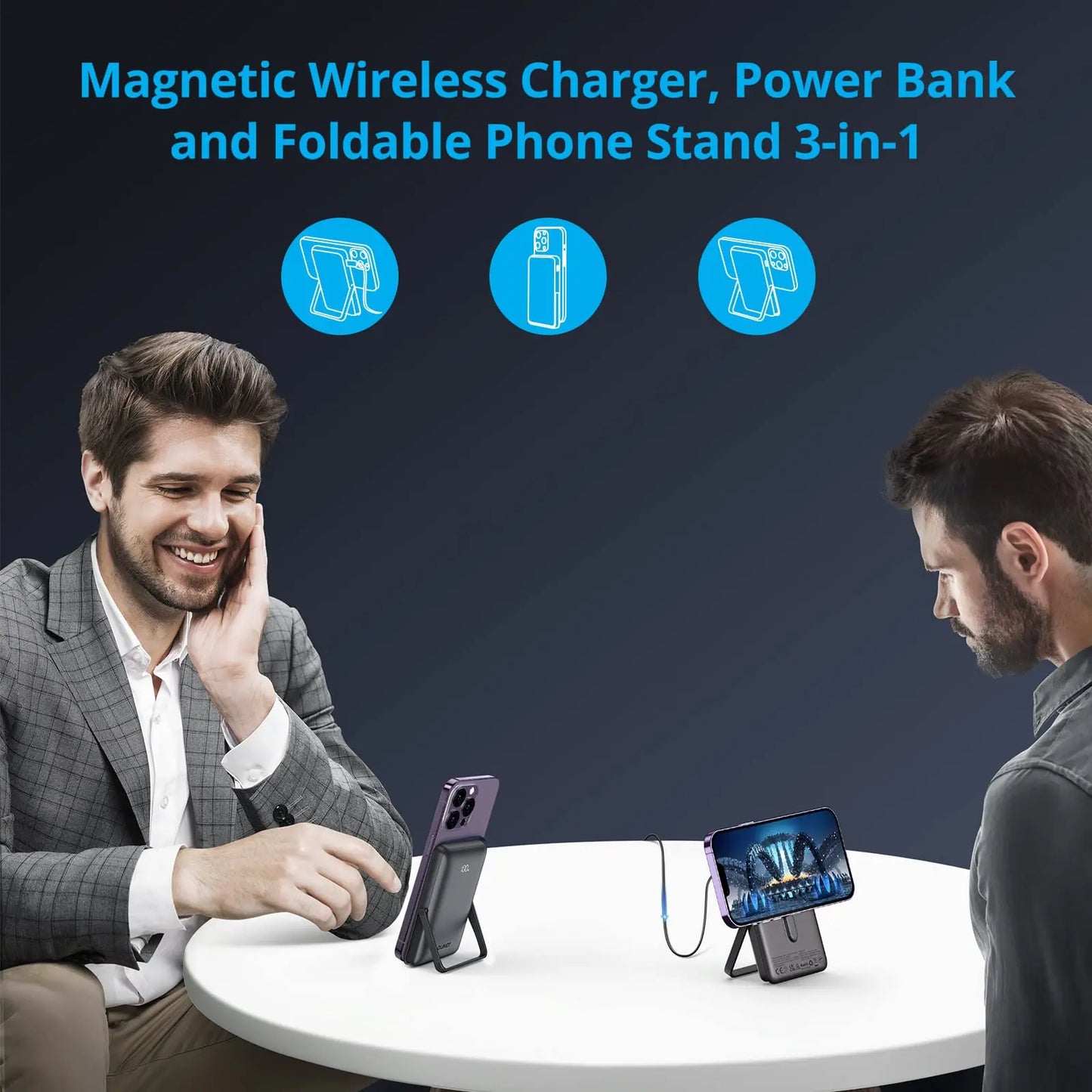 Wireless Portable Charger 10000mAh Magnetic Power Bank PD 20W Mag-Safe Battery Pack with LED Display Foldable Stand for iPhone