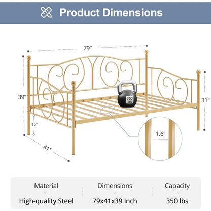 Daybed Frame, Metal Daybed Frame Multifunctional Platform Bed Sofa Mattress Foundation with Deluxe Headboard, Twin