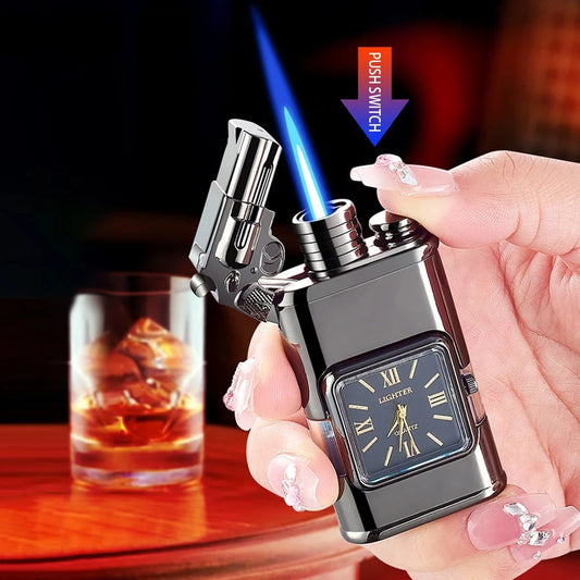 New Faucet Direct Windproof Blue Flame Double Flame Lighter With Watch Portable Inflatable Torch Lighter Smoking Gift