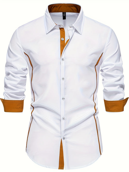 Casual Color Block Men's Long Sleeve Button Up Shirt