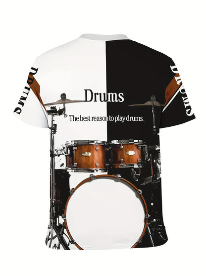 3D Drums Print Men's Trendy Color Block Short Sleeve Crew Neck T-shirt