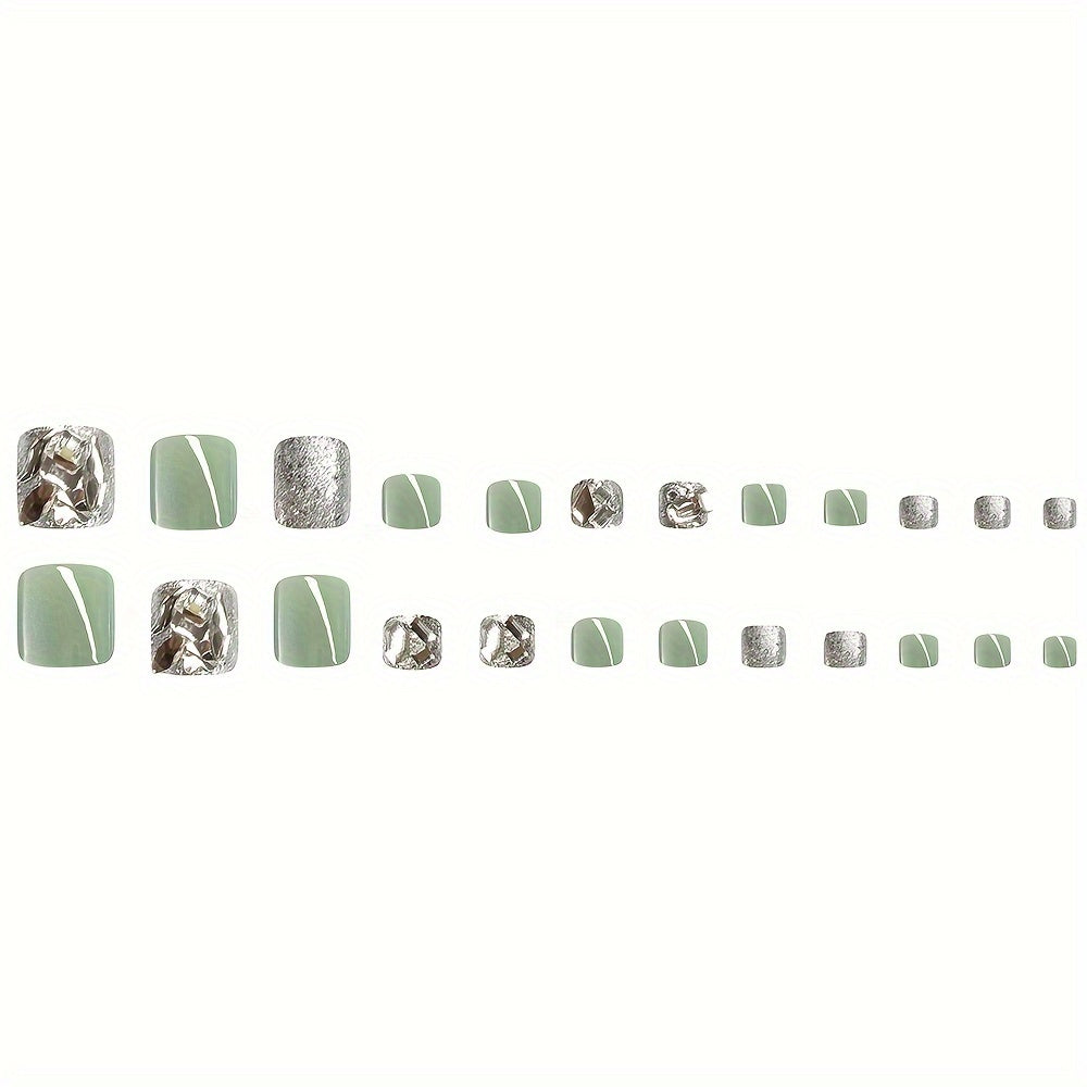 24pcs Glossy Green Cat's Eye Press-On Toenails with Rhinestones - Short Square Fake Nails for Feet