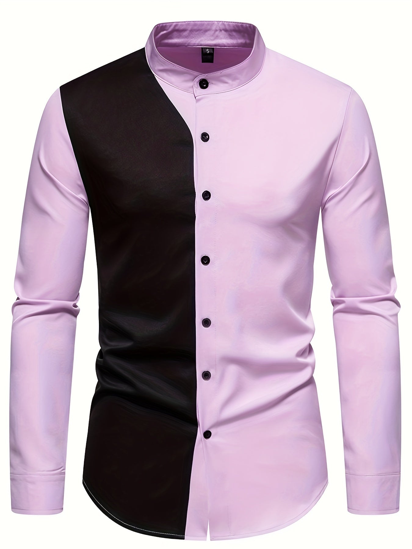 Color Block Long Sleeve Men's Stylish Stand Collar Shirt