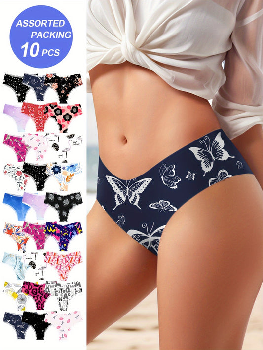 10pcs Seamless Allover Print Contrast Trim Briefs, Sexy Comfy Breathable Stretchy Intimates Panties, Women's Lingerie & Underwear