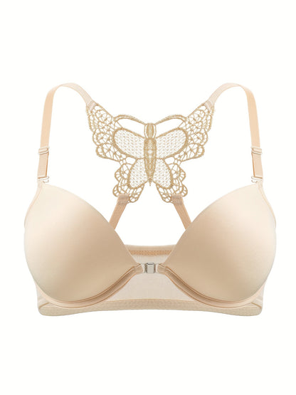 Plain Lace Butterfly Bra & Bow Decor Panty, Buckle Closure Front Push Up Bra & Panties Lingerie Set