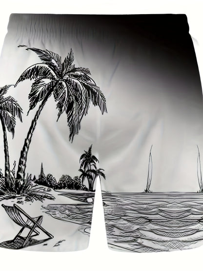 Men's Trendy Casual Comfy Tees & Shorts, Coconut Tree Graphic Print Crew Neck Short Sleeve T-shirt