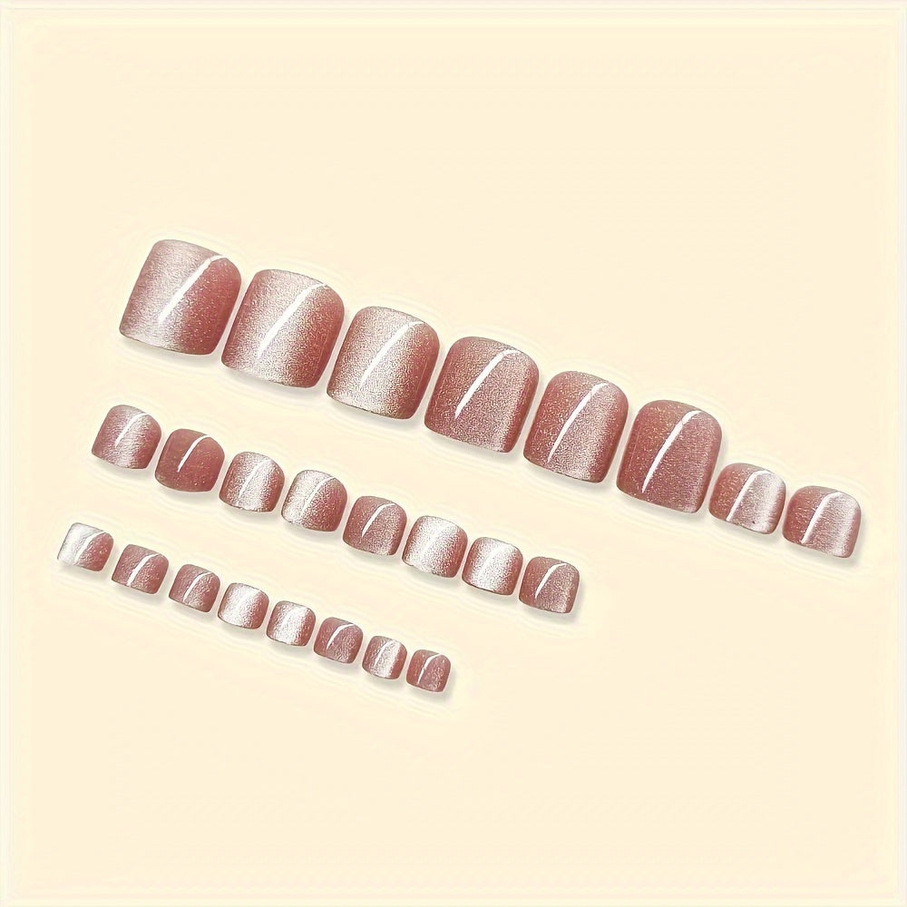 24pcs Nude Cat Eye Press-On Toenails Set - Glossy Short Square Fake Toe Nails for Women & Girls, Easy Application