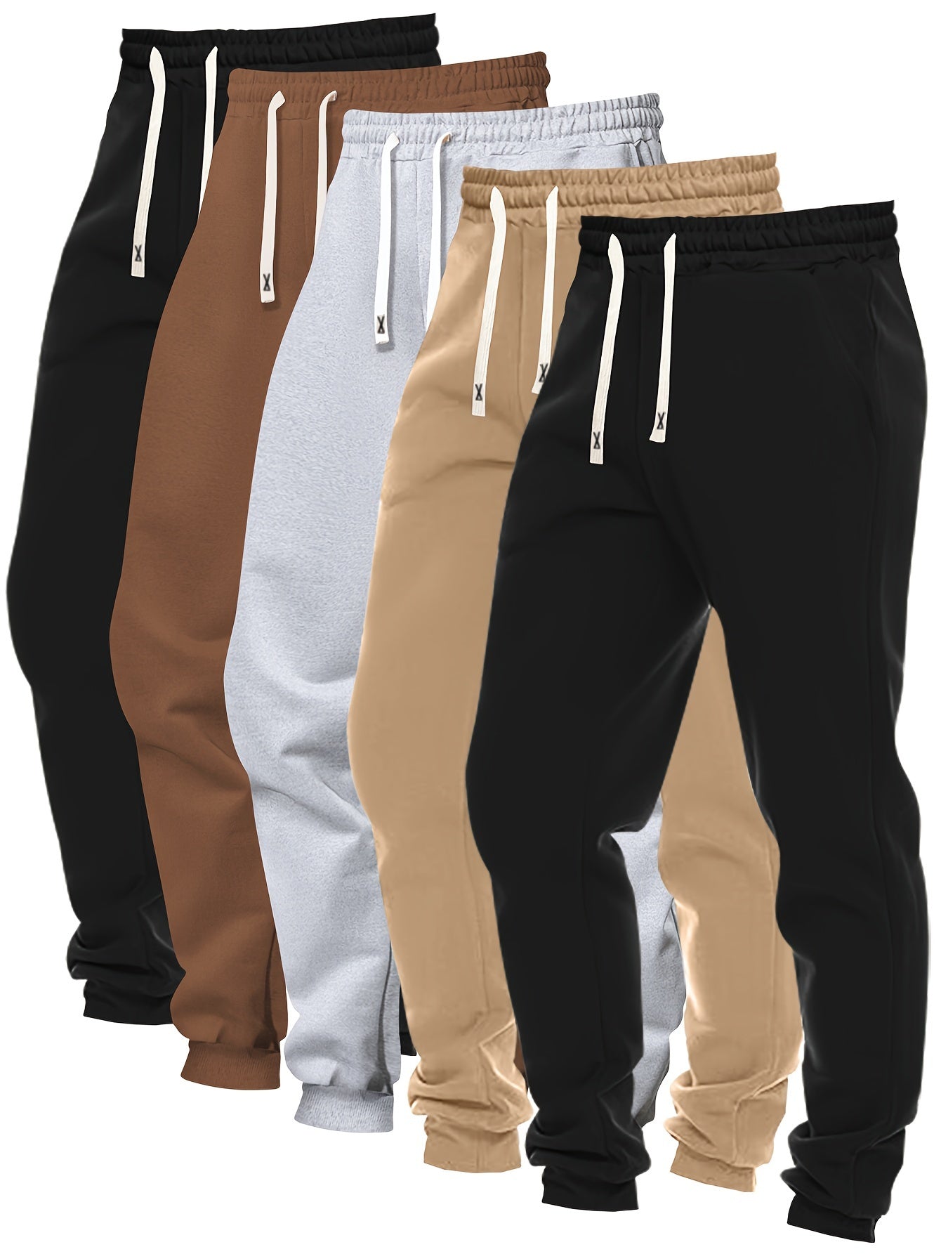 5pcs Set Of Men's Solid Color Regular Fit And Cuffed Sweatpants With Drawstring And Pockets