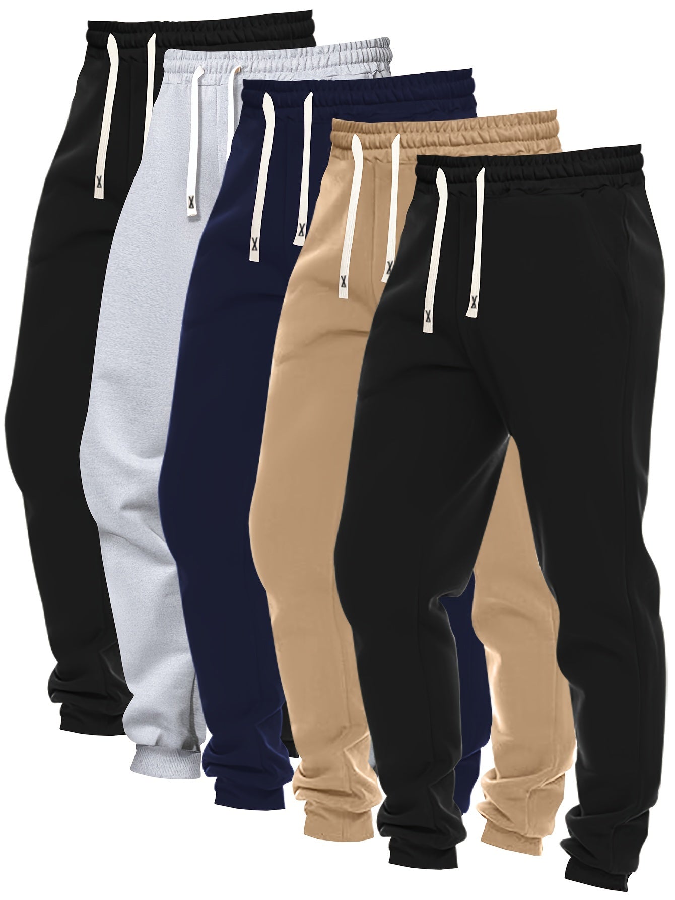 5pcs Set Of Men's Solid Color Regular Fit And Cuffed Sweatpants With Drawstring And Pockets