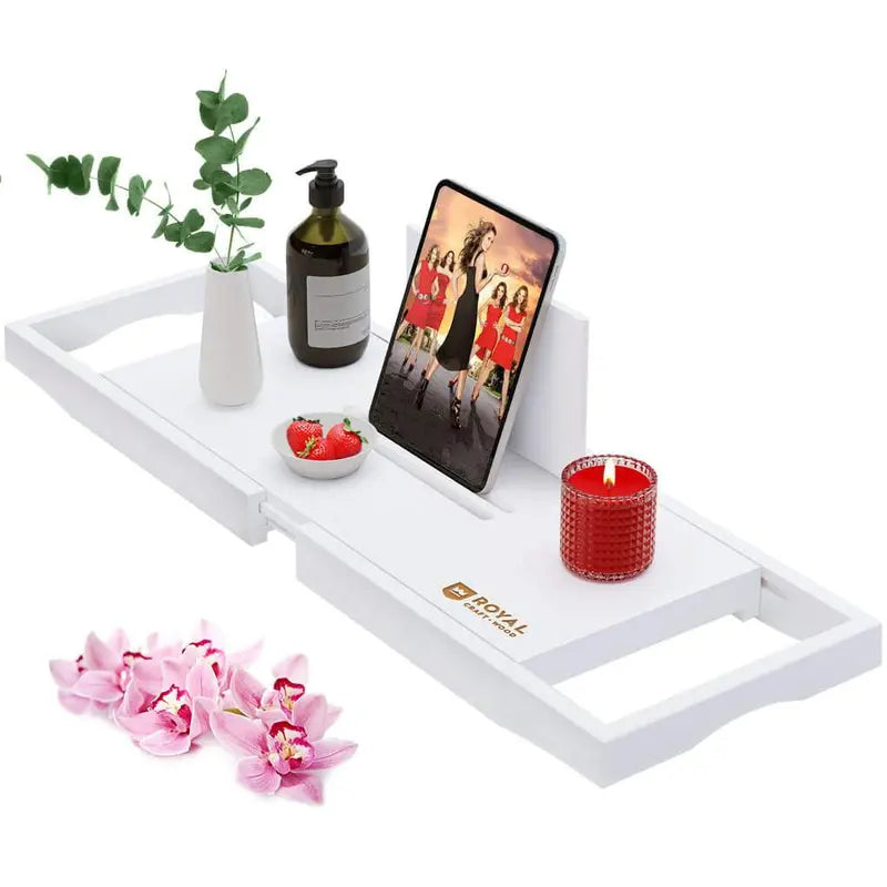 Adjustable Bathtub Tray Caddy, Bamboo Bath Rack with Candle, Сup Slot Holder, Phone/Tablet Holder, and Soap Holder