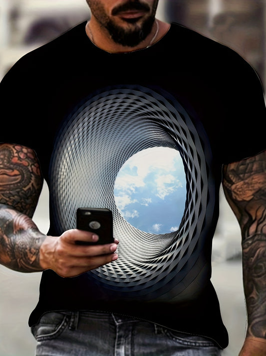 Plus Size 3D Hole With Blue Sky Graphic Print, Men's Crew Neck T-shirts