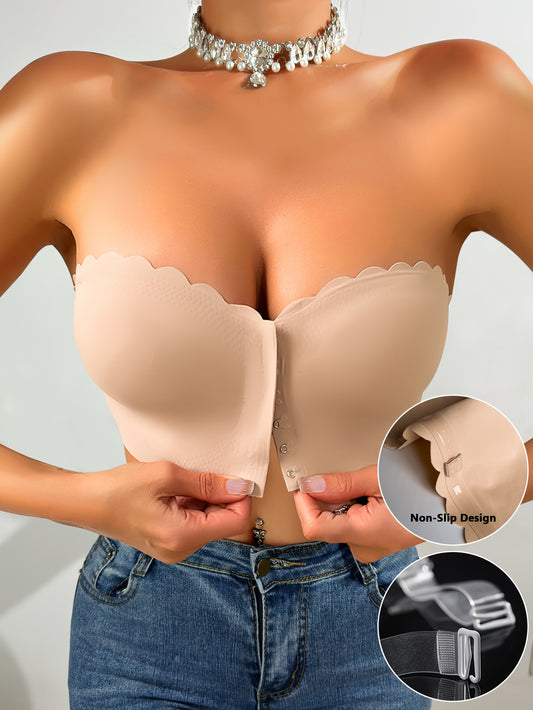 Women's Strapless Front Closure Bra, Seamless Solid Color, No Underwire, Wave Edge Design, Casual Style With Anti-Rolling Silicone, Comfort Every Day