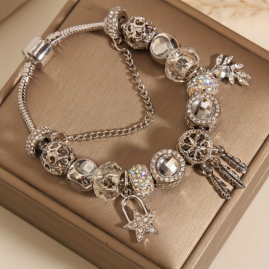 Beautiful Elegant Girls Charm Bracelet Silver Shiny Fashion Luxury Beaded Bracelet With Stars And Feather Charm