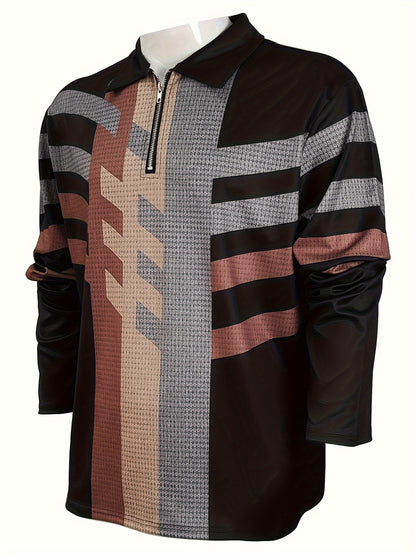 Men's Fashionable Long Sleeve Polo Shirt with Geometric Patterns