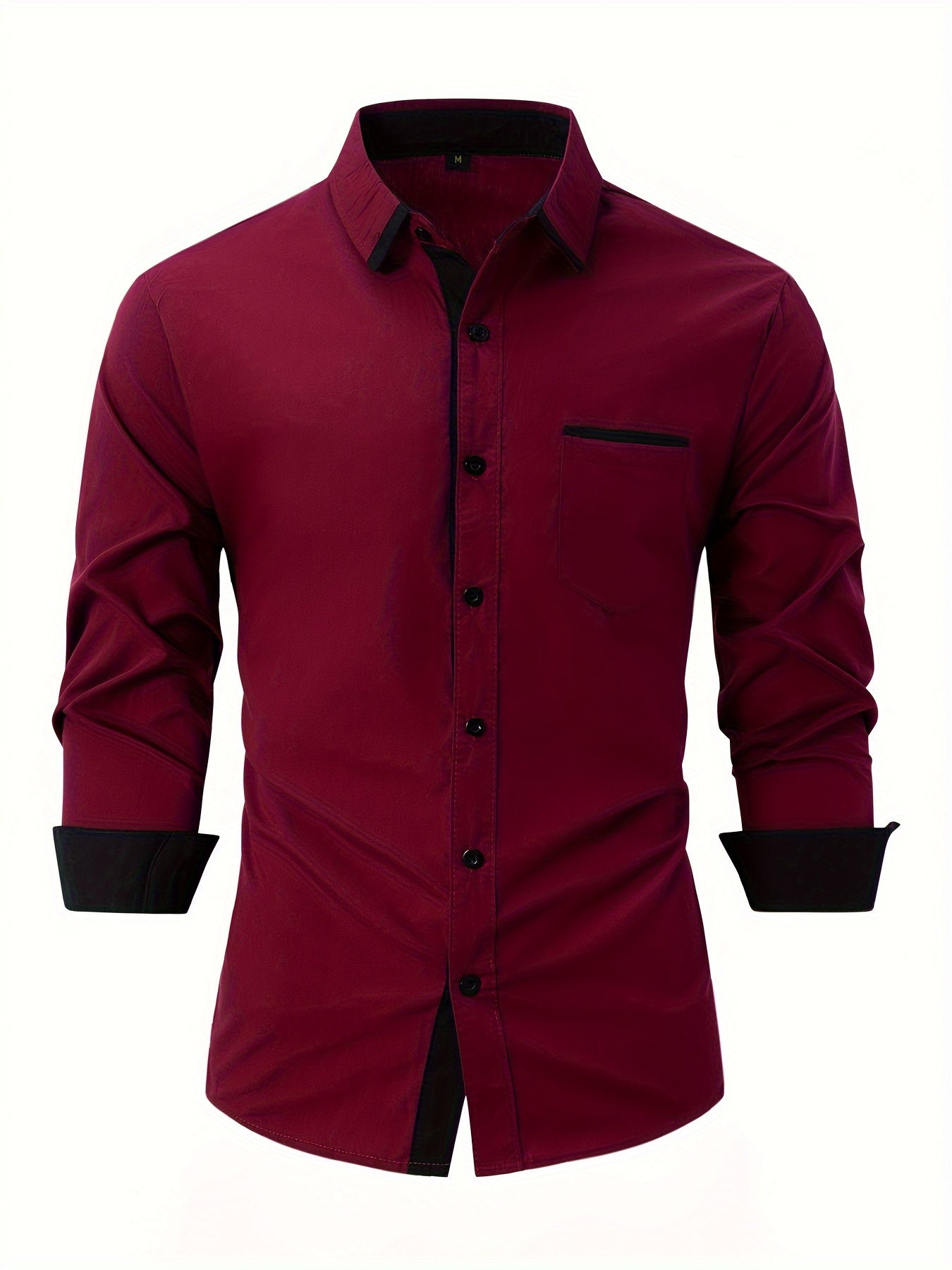 Elegant Color Block Men's Long Sleeve Button Up Shirt With Chest Pocket