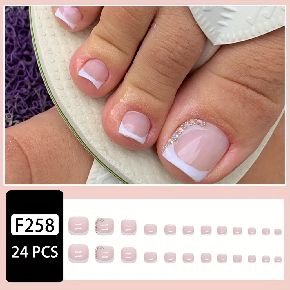 24pcs White French Tip Press On Toenails, Square Fake Toenails With Bling Rhinestone Design, Glossy Full Cover