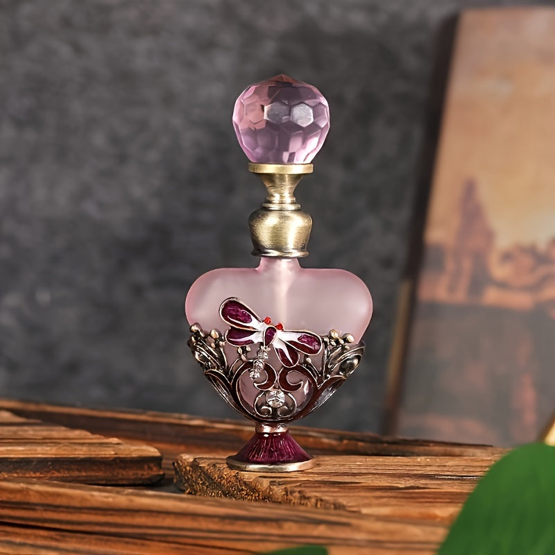 0.14oz Dragonfly Heart-Shaped Diamond-Encrusted Glass Perfume Bottle - Refillable & Reusable