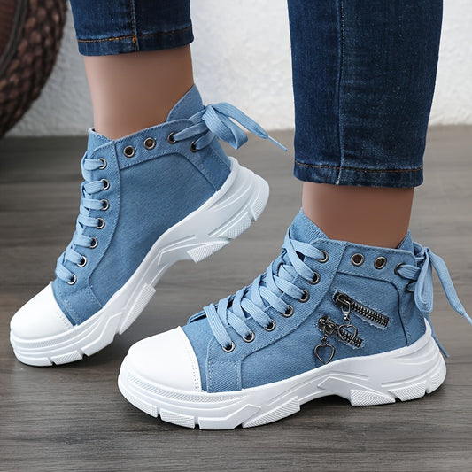 Women's Platform Side Zipper Design Canvas Shoes, Casual Lace Up Outdoor Shoes