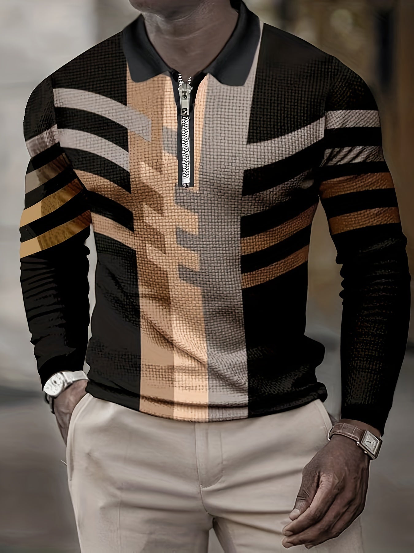 Men's Fashionable Long Sleeve Polo Shirt with Geometric Patterns