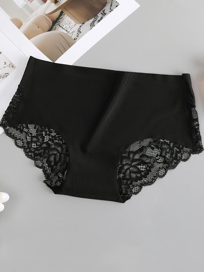 5pcs Solid Floral Lace Semi Sheer Seamless Briefs, Sexy Comfy Breathable Stretchy Intimates Panties