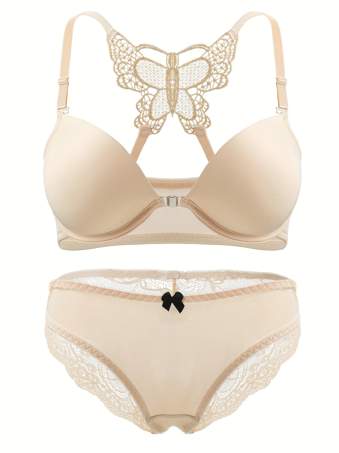 Plain Lace Butterfly Bra & Bow Decor Panty, Buckle Closure Front Push Up Bra & Panties Lingerie Set