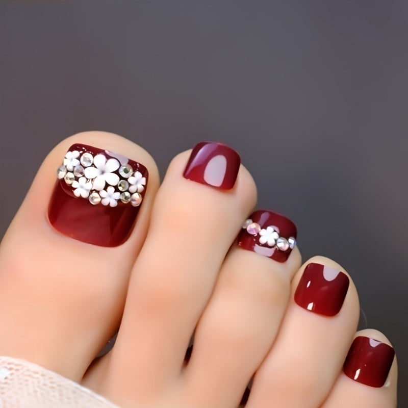 24pcs Glossy Summer Short Square Floral Press On Toenails, Pure Red Fake Toenails With Rhinestones Design