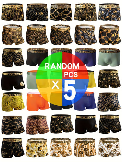 Random 1/5/10pcs Black Gold Men's Antibacterial Underwear, Casual Boxer Briefs Shorts, Breathable Comfy Stretchy Boxer Trunks