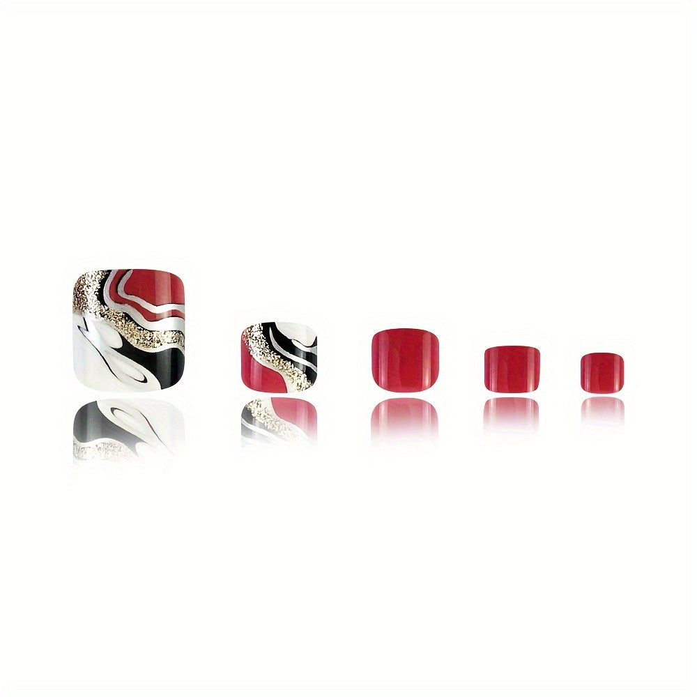 24pcs Set of Glossy Red & Black French Tip Press-On Toenails with Golden Accents