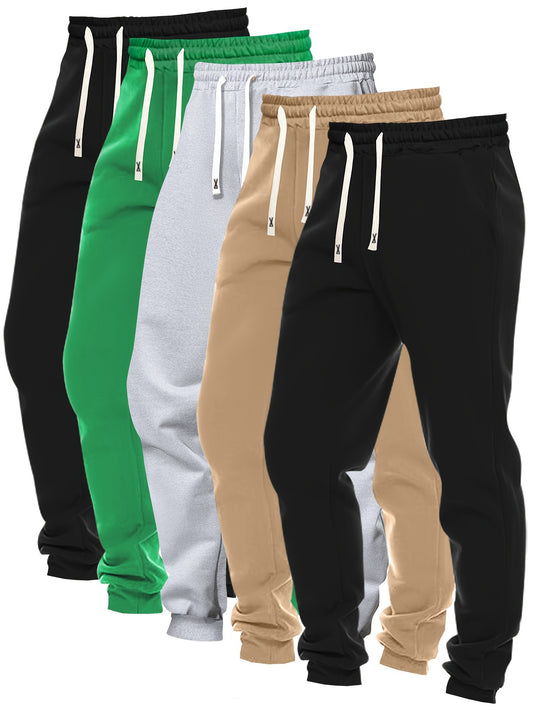 5pcs Set Of Men's Solid Color Regular Fit And Cuffed Sweatpants With Drawstring And Pockets