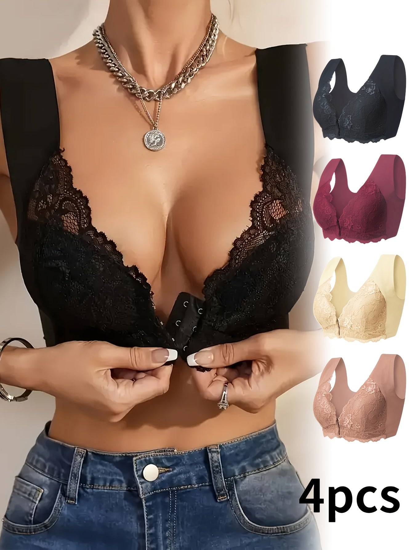 4-pack Elegant Floral Lace Push-up Bra - Comfortable Wire-free Design