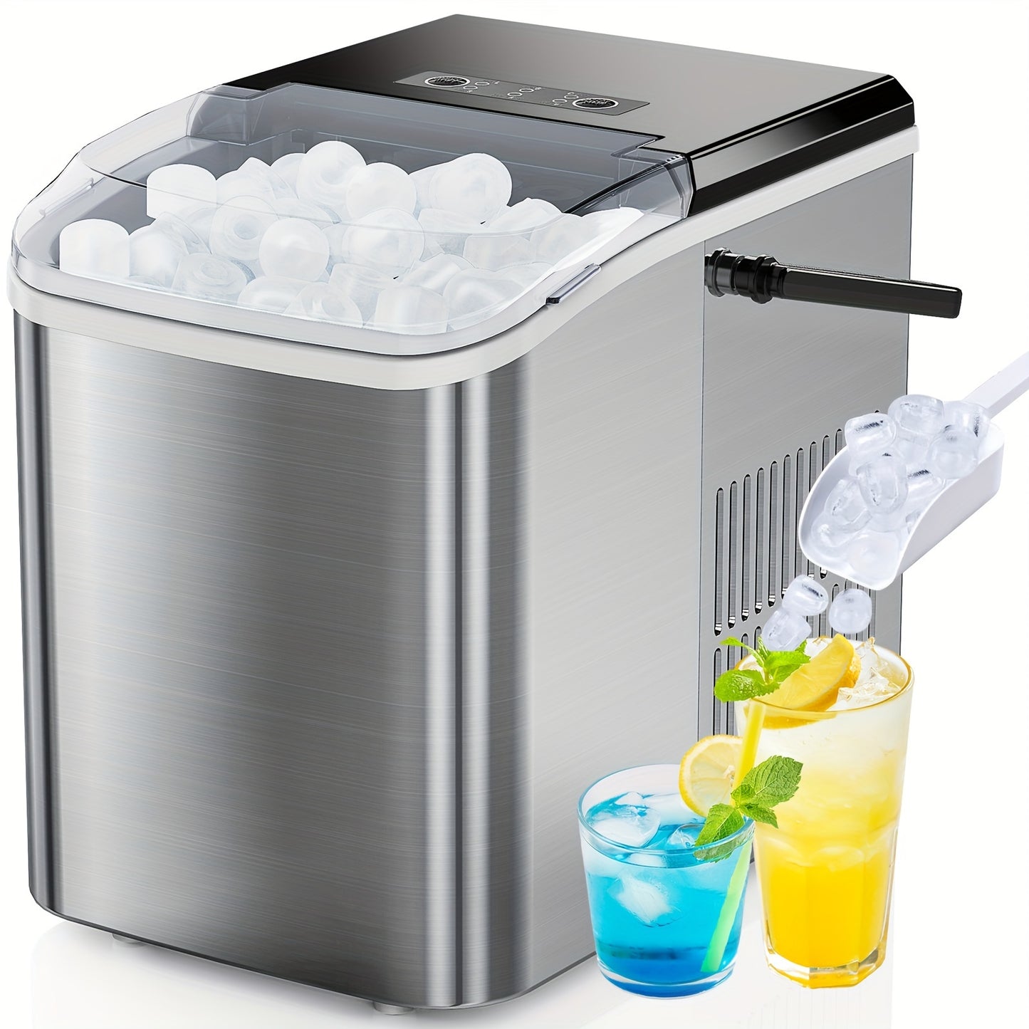 Countertop Ice Maker, Portable Ice Machine Self-Cleaning, 9 Cubes in 6 Mins, 26.5lbs/24Hrs, 2 Sizes of Bullet Ice, with Ice Scoop, Basket and Handle, Ice Cube Maker for Home Kitchen Party