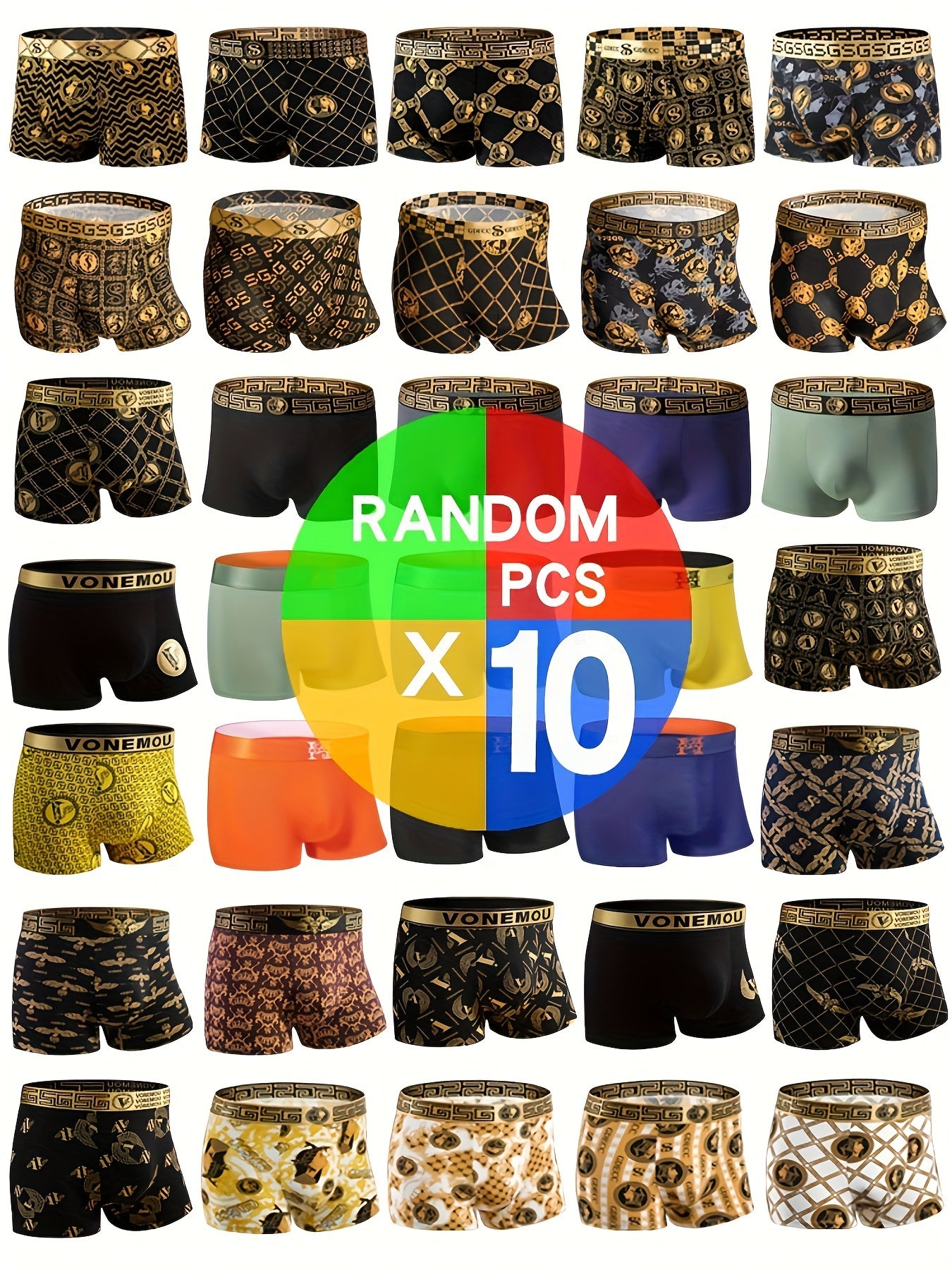 Random 1/5/10pcs Black Gold Men's Antibacterial Underwear, Casual Boxer Briefs Shorts, Breathable Comfy Stretchy Boxer Trunks