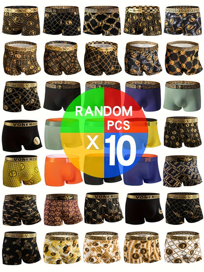 Random 1/5/10pcs Black Gold Men's Antibacterial Underwear, Casual Boxer Briefs Shorts, Breathable Comfy Stretchy Boxer Trunks