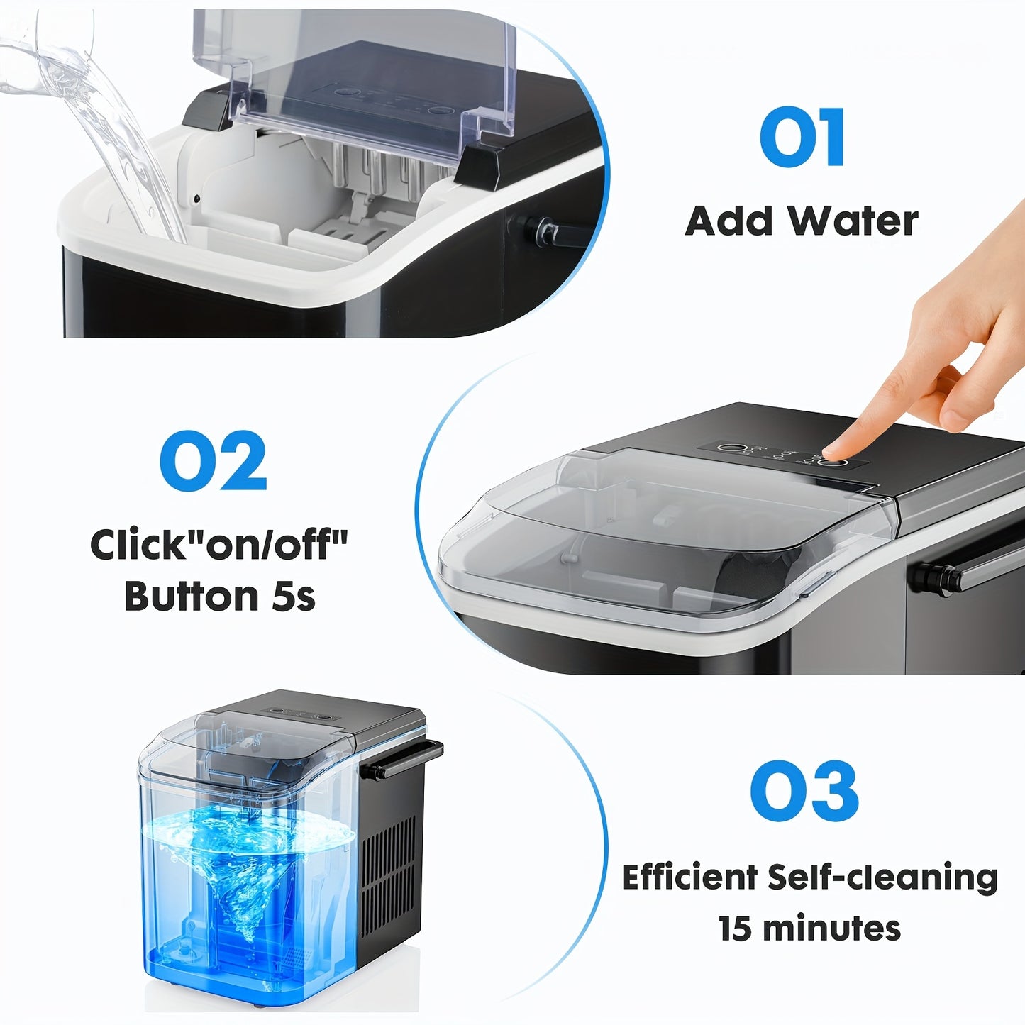 Countertop Ice Maker, Portable Ice Machine Self-Cleaning, 9 Cubes in 6 Mins, 26.5lbs/24Hrs, 2 Sizes of Bullet Ice, with Ice Scoop, Basket and Handle, Ice Cube Maker for Home Kitchen Party