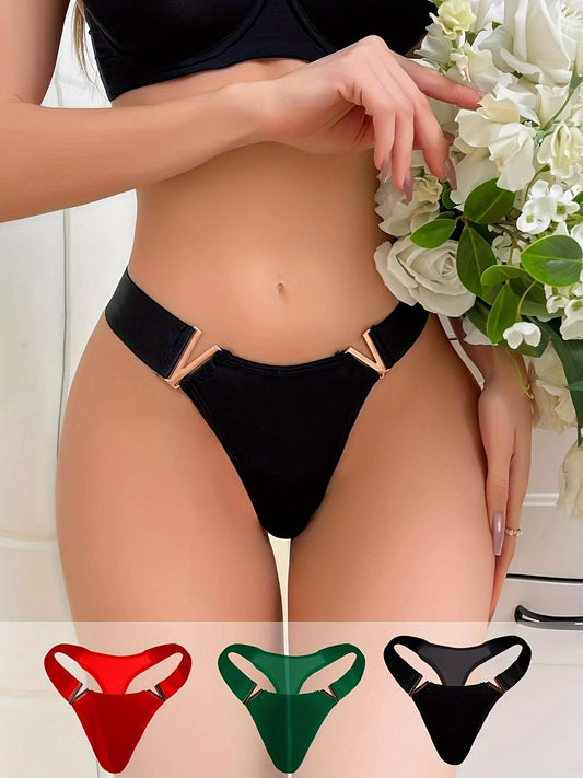 3pcs Simple Solid Thongs, Soft & Comfy Stretchy Intimates Panties