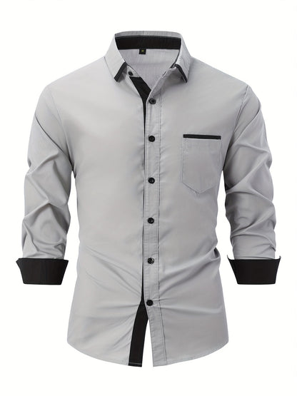 Elegant Color Block Men's Long Sleeve Button Up Shirt With Chest Pocket