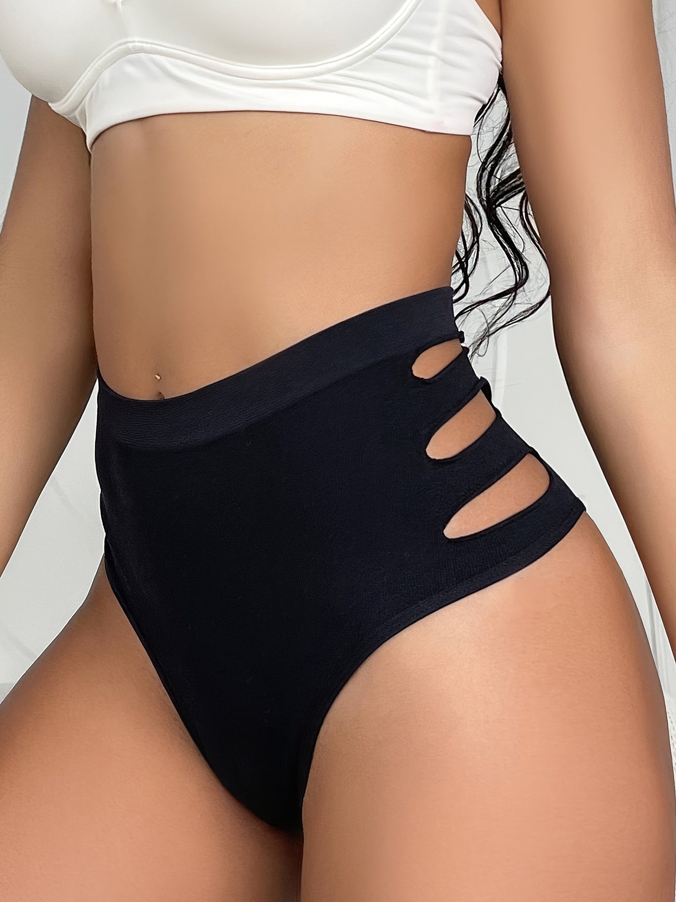 5pcs Solid Cut Out Thongs, Comfy & Breathable High Waist Intimates Panties