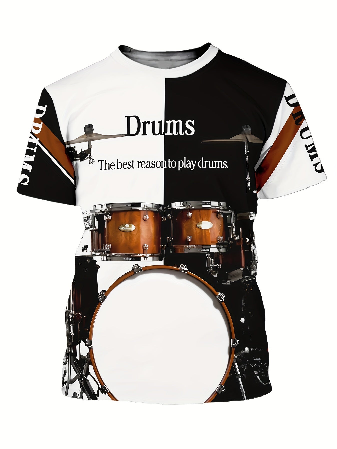 3D Drums Print Men's Trendy Color Block Short Sleeve Crew Neck T-shirt